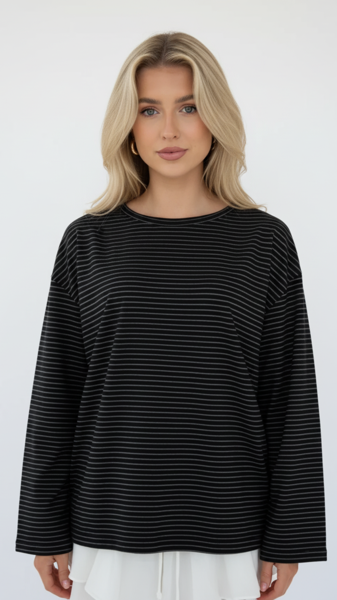 Irene - Camiseta larga de rayas suaves canela