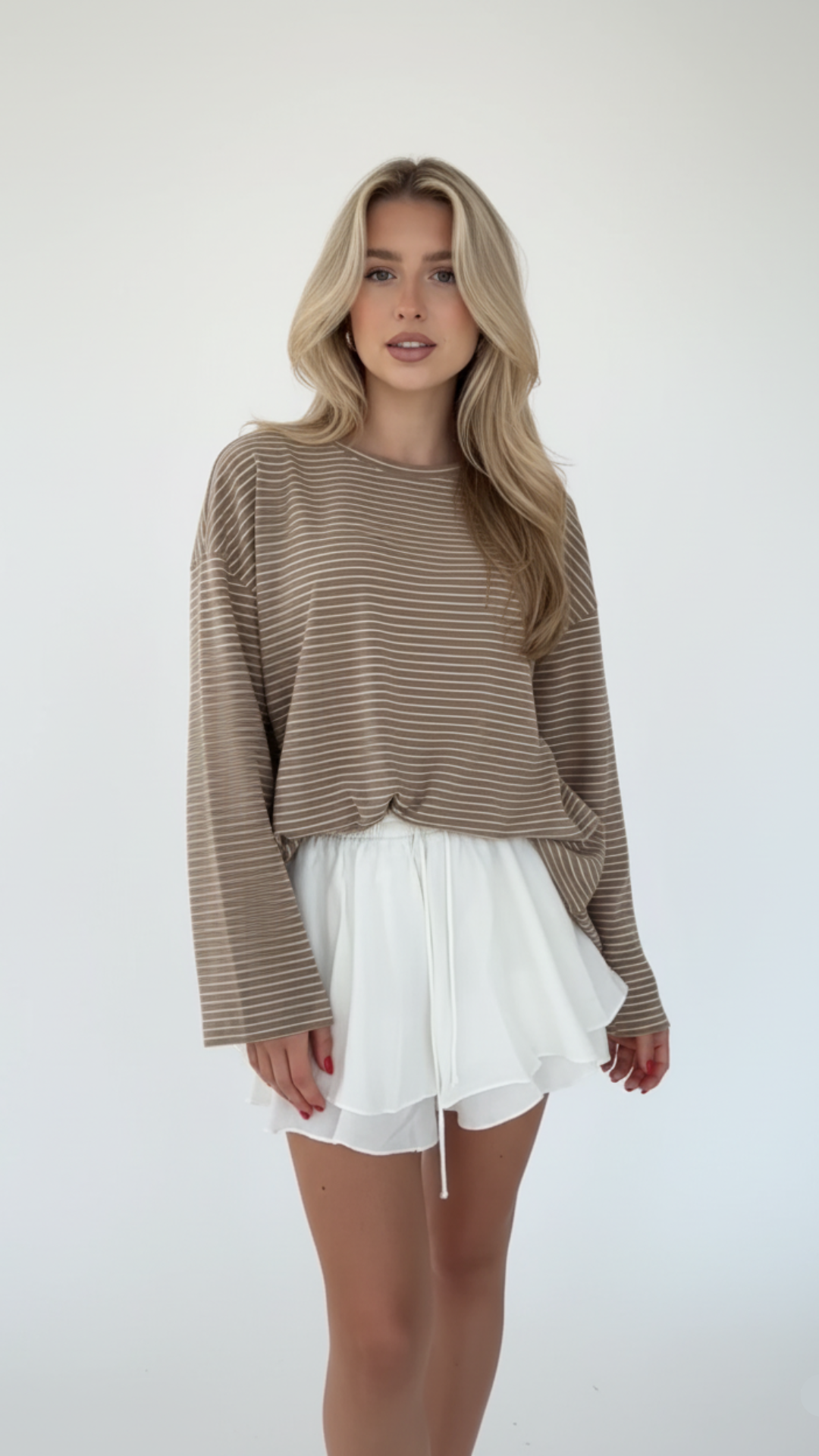 Irene - Camiseta larga de rayas suaves canela