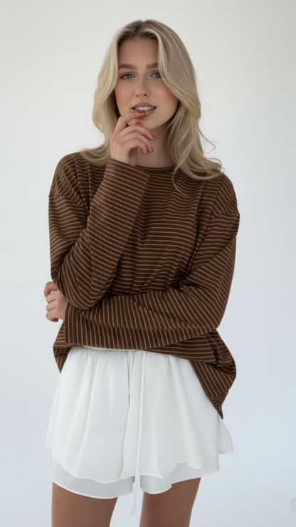 Irene - Camiseta larga de rayas suaves canela